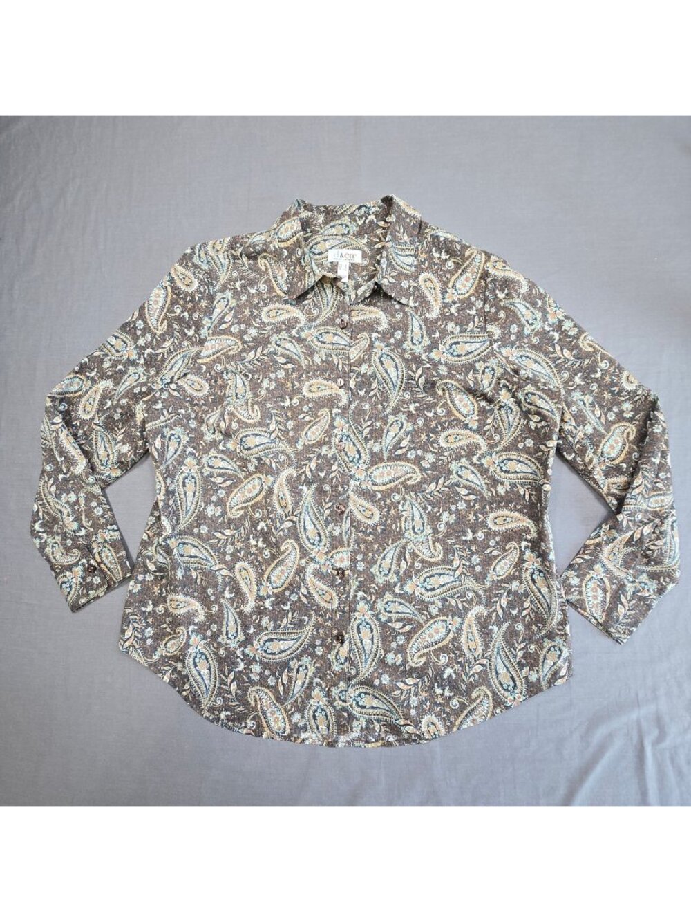 D&Co Womens Large Button-Up Shirt Brown Paisley Long Sleeve Top